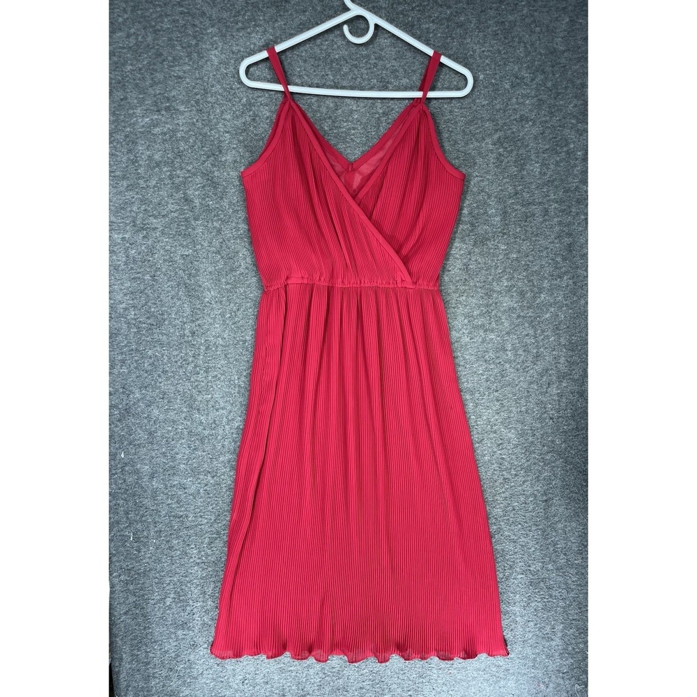 Vintage Midi Dress Red Micro Pleated Empire Waist Disco Chiffon Size 11-12 70s